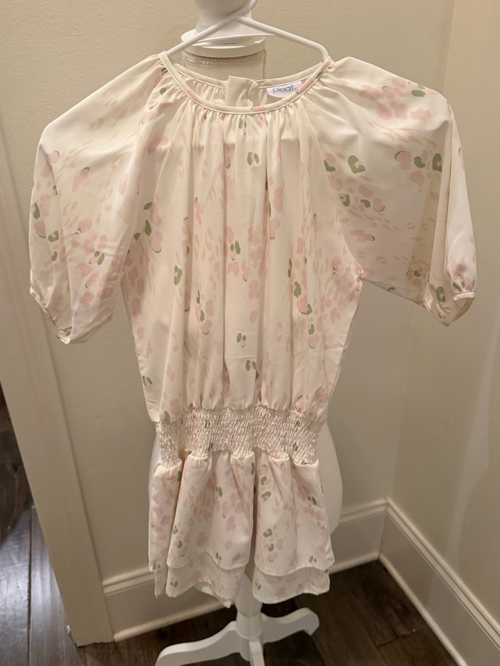 Girls' Pleat Cream Floral Smocked Waist Dress Top
